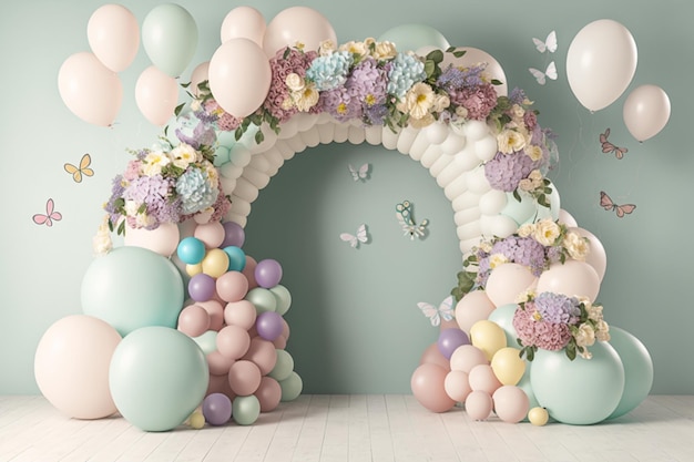 A balloon arch with a floral design and a butterfly on the top.