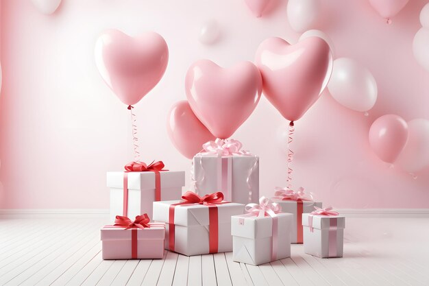 balloon heart shape in pink studio with gift boxes