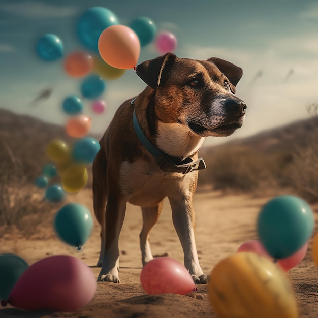 Photo balloon pup a playful dog's adventure among the floating colors