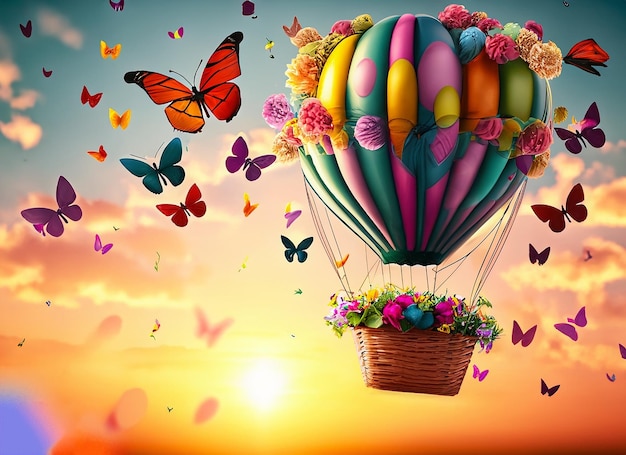 A balloon with a butterfly on it is flying in the sky.