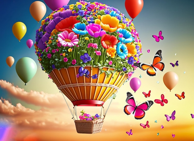 A balloon with flowers and butterflies is flying in the sky.