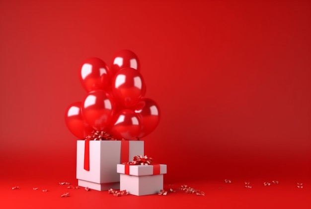 Balloon with gift box isolated red background generative ai