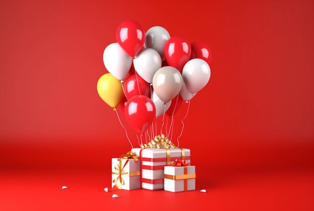 Balloon with gift box isolated red background generative ai