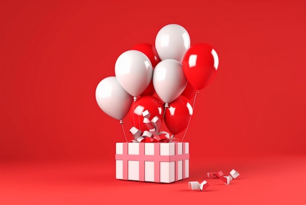 Воздушный шар с подарочной коробкой изолированный красный фон генеративный ай
