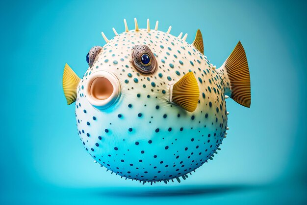 Foto pesce palla balloonlike con punte acuminate su sfondo blu