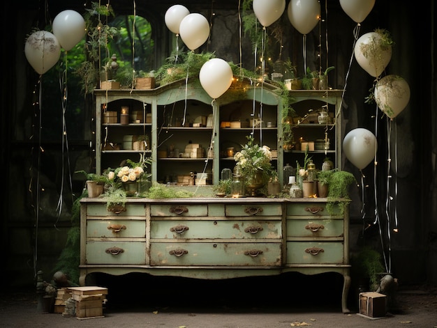 balloons are in the air above a dresser with a green cabinet generative ai