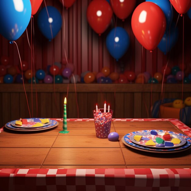 balloons are in the air above a table with plates and plates generative ai