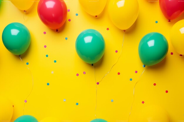 Balloons are floating on a yellow surface with confetti dots generative ai