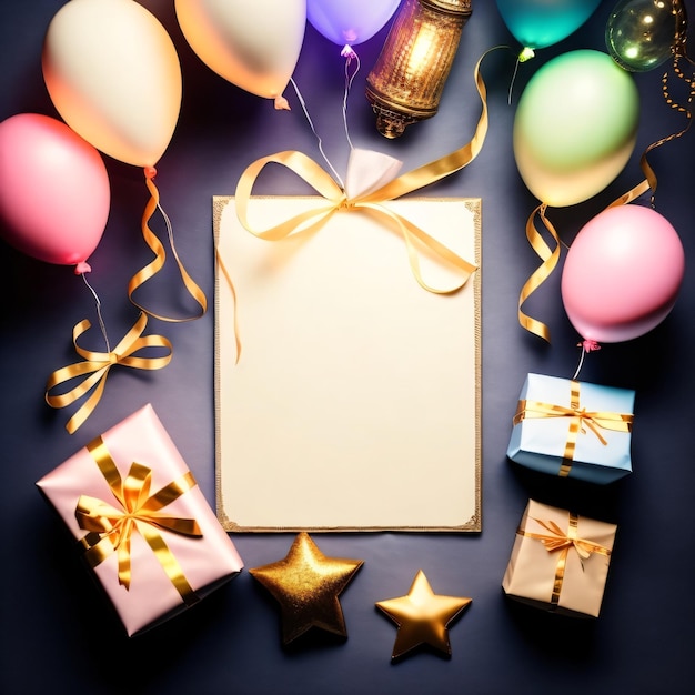 Balloons and a blank paper are on a table with a blank sign that says happy birthday