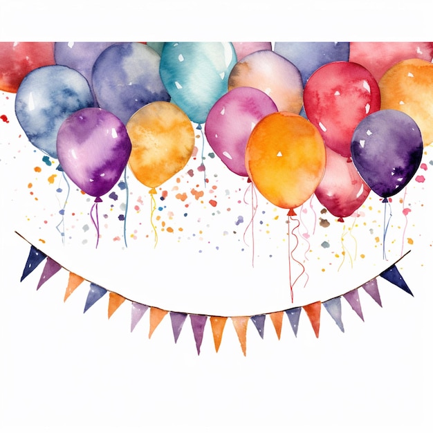 Balloons and buntings are on a white background with a happy birthday message generative ai