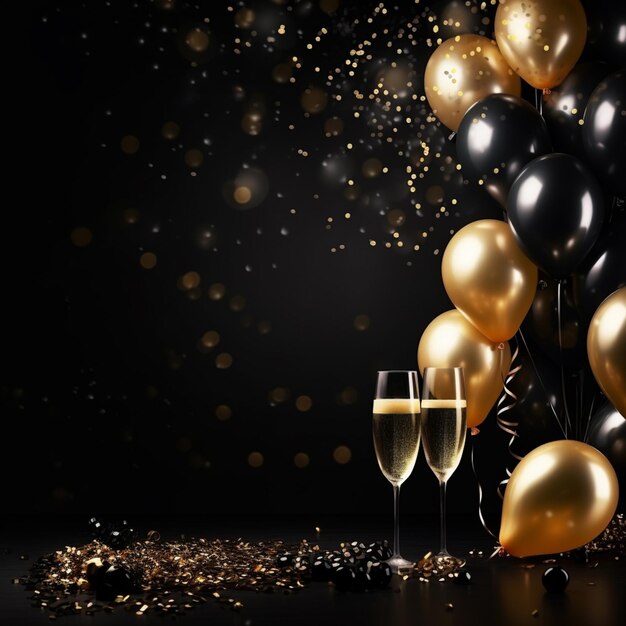 balloons and champagne glasses with confetti and gold confetti generative ai