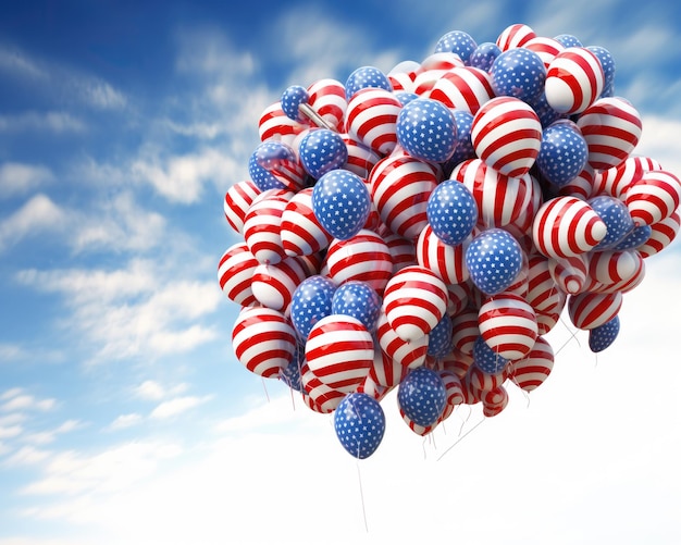 Balloons in the colors of the American flag fill the sky on a clear day Wide angle