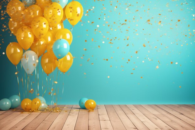 Balloons and confetti are scattered on a wooden floor generative ai