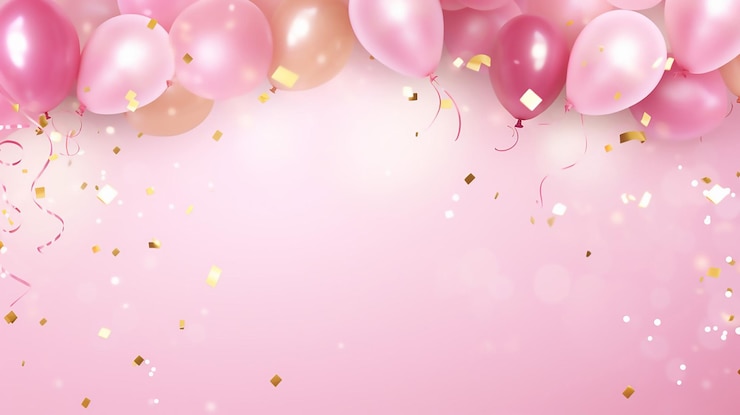Photo balloons and confetti on pink birthday background