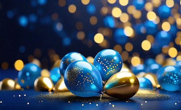 Balloons containing blue and gold decorations on blue bokeh and glitters background for new year