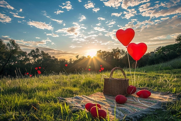 Photo balloons in a field with a basket with a basket of hearts in the foreground