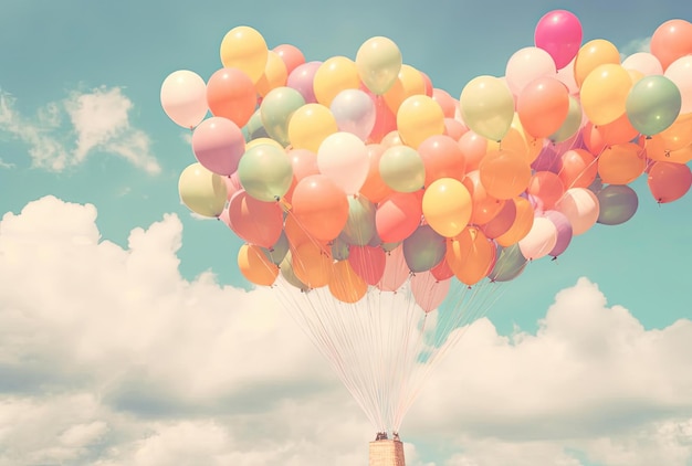 balloons float in the air with sky and blue clouds in the style of pastel toned