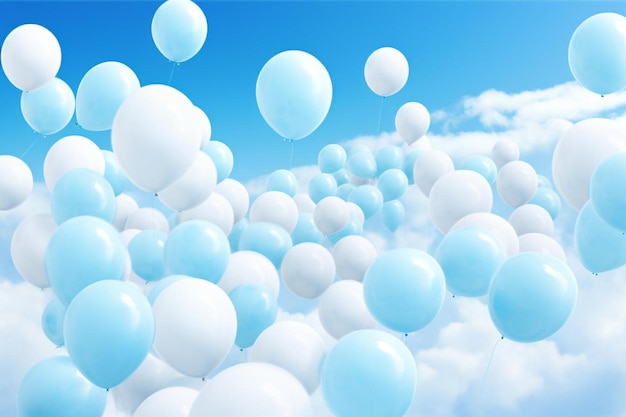 Balloons floating in a blue sky with fluffy white clouds