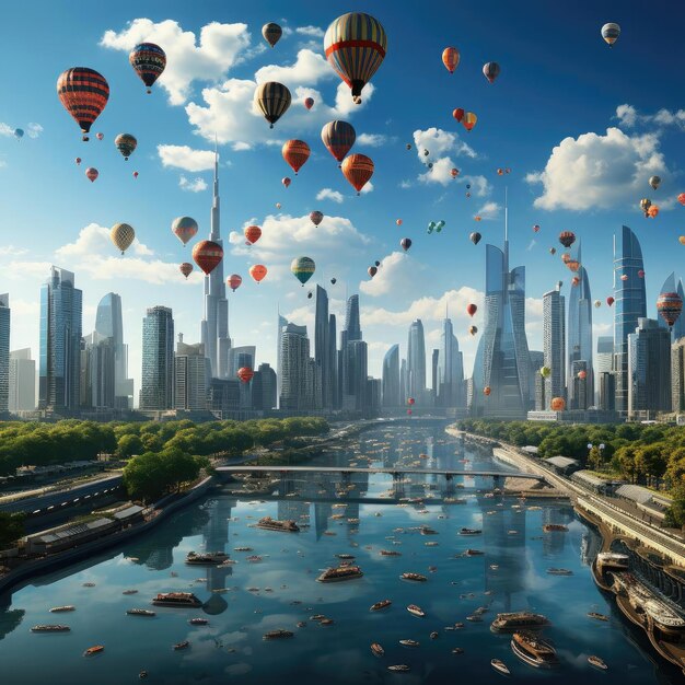Photo balloons floating over skyscrapers in a futuristic landscape