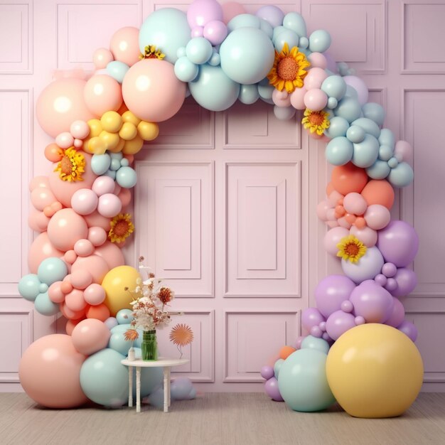 Balloons and flowers are arranged in a colorful arch on a table generative ai