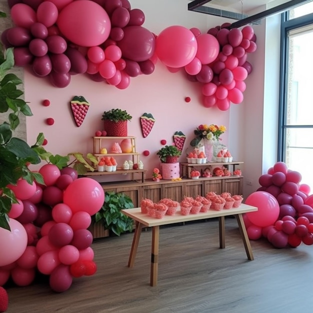 Balloons and flowers are arranged on a table in a room generative ai