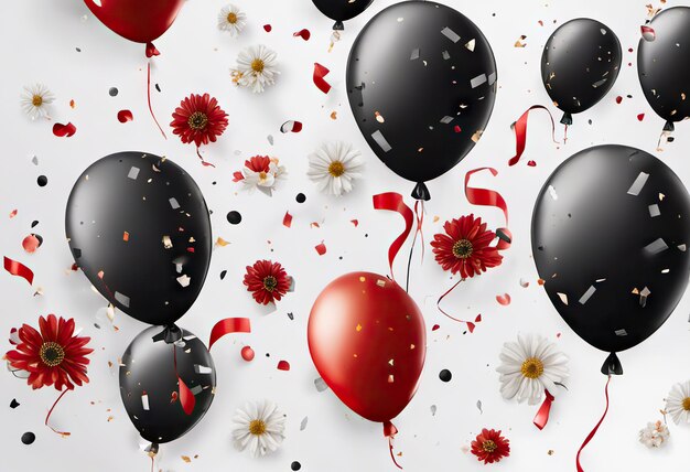 Воздушные шары и цветы с конфетти на заднем плане концепция подарков праздники и распродажи Черная пятница