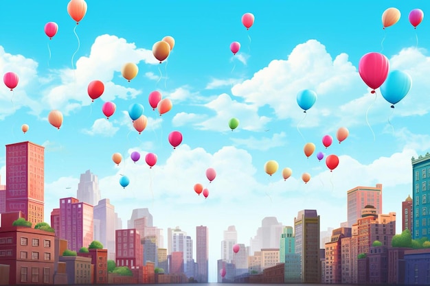 воздушные шары, летящие над городом.