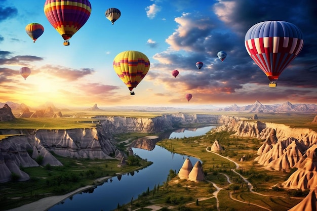 Balloons flying over the valley of the river