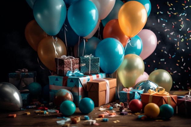 Balloons and gifts on a table with a blackboard background