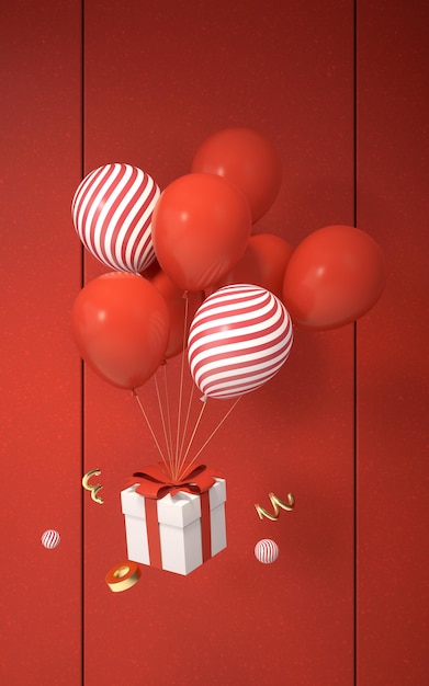 Balloons and gifts with red background 3d rendering