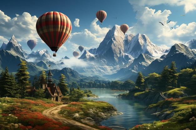 Balloons over the mountains in the background