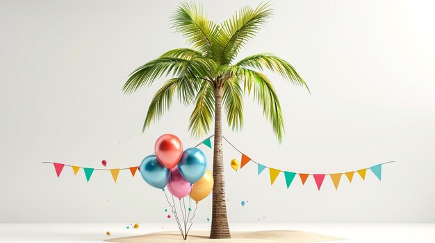 Photo balloons and a palm tree on a beach with banner saying happy birthday