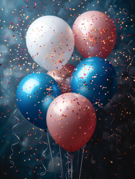 Balloons of pastel colors and confetti on a gray background