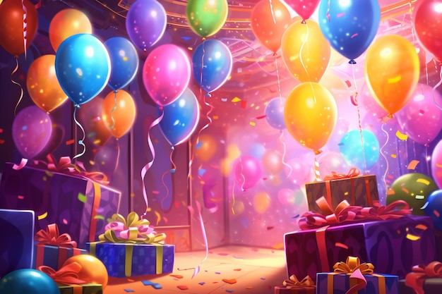 Balloons and presents are flying in the air in a room generative ai