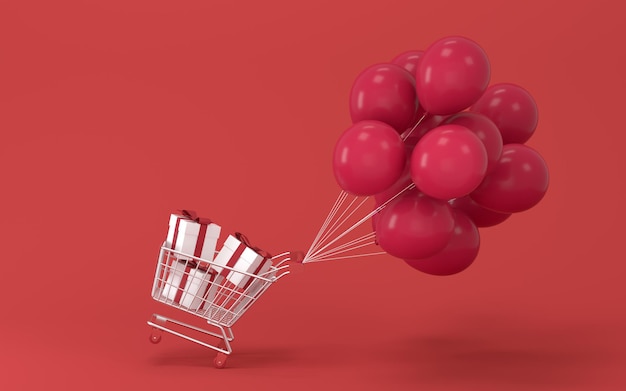 Balloons and presents with red background 3d rendering