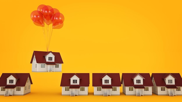 Balloons Raising Up an House Isolated 3d rendering