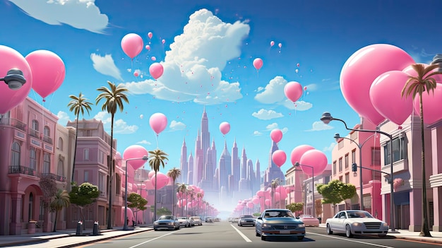 balloons in the sky with a city in the background