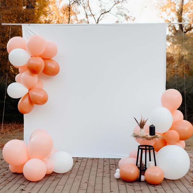 Photo balloons and a table with a vase of flowers and a white backdrop generative ai