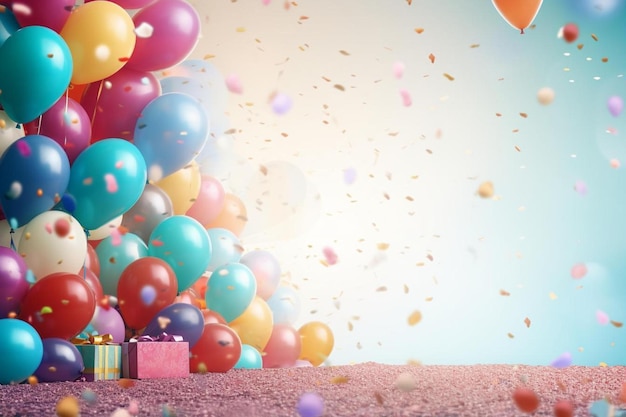 Balloons with confetti and a gift box on the floor