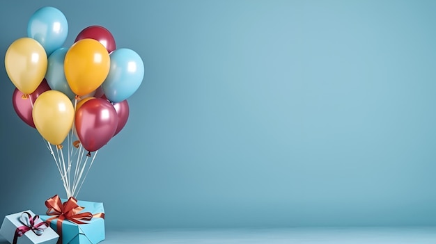 Balloons with a gift box on a blue background