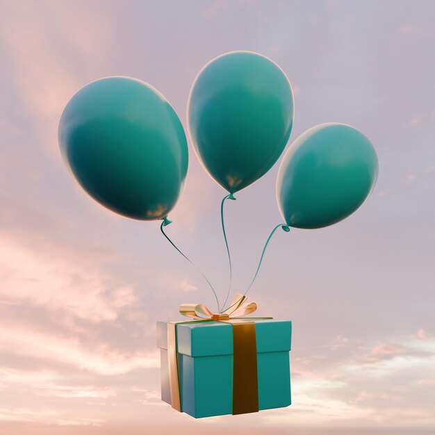 Balloons with gift box on sky background