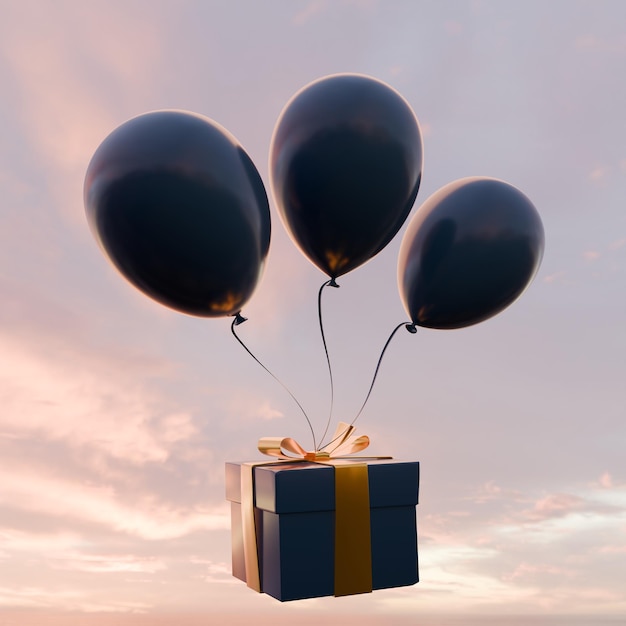 Balloons with gift box on sky background