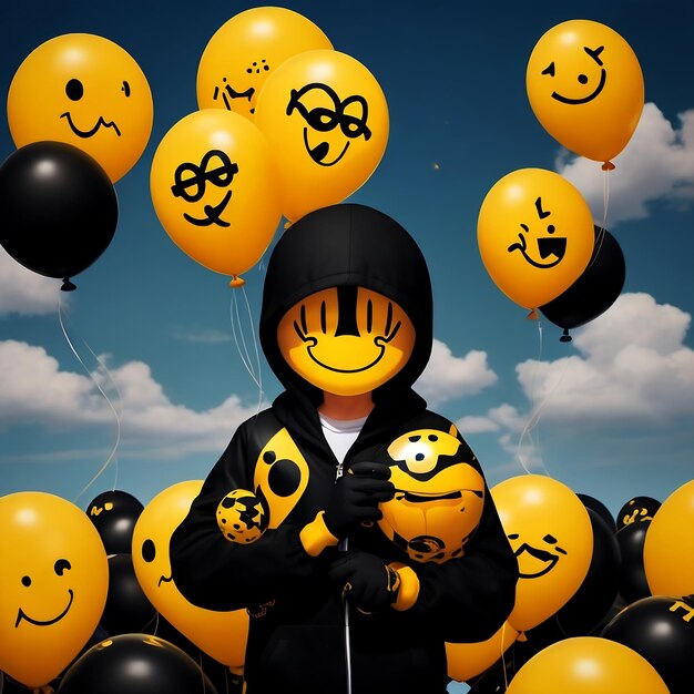 Photo balloons with smiley faces are floating in the air black color background