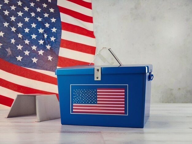 Photo ballot box on the american national flag background presidential election voting concept