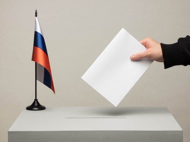 ロシアの国旗が付いた投票箱。 2018年の大統領選挙。投票用紙を投げる手