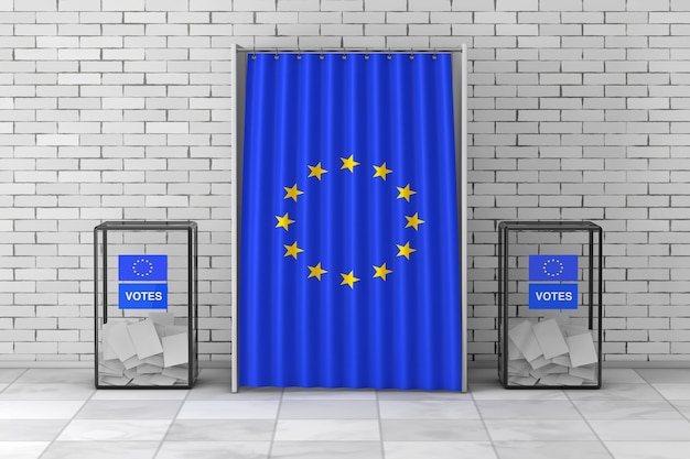 Ballot Boxes near White Voting Booth with Curtain and European Union Flag ÑÑ front of brick wall. 3d Rendering