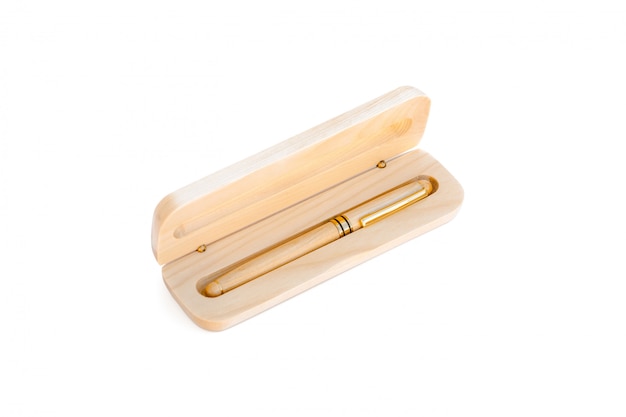 Ballpoint pen in a wooden case with a protective cap in a wooden case