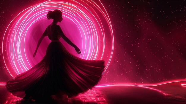 A ballroom dancer glides gracefully within a neon light