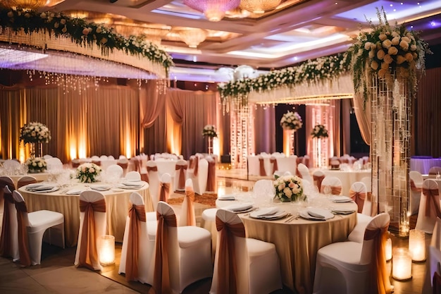 A ballroom decorated for a wedding with flowers and candles