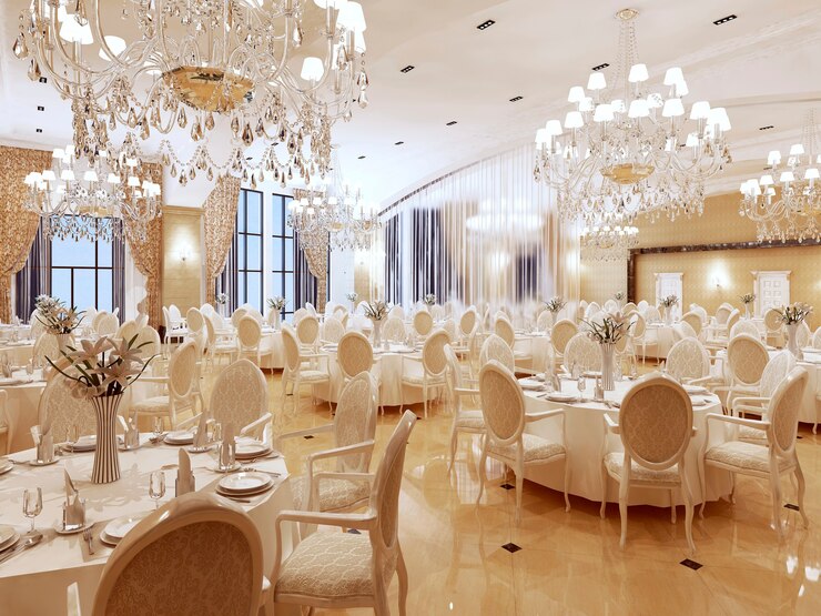 Photo the ballroom and restaurant in classic style. interior in yellow and beige colors. 3d render.